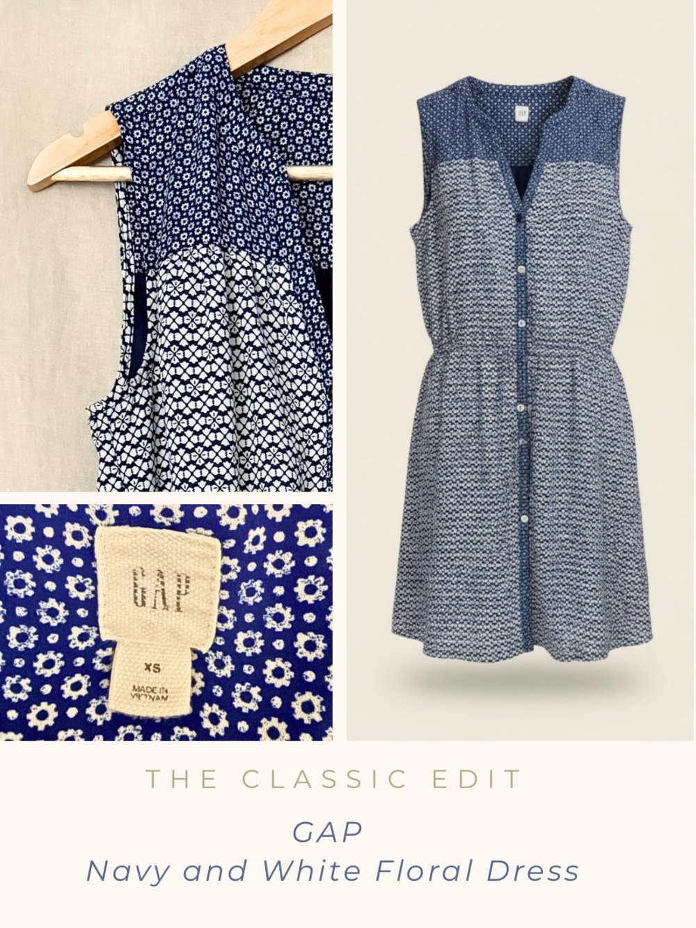 GAP Navy & White Floral Sleeveless Dress | Button Front | Tie Waist | Pockets